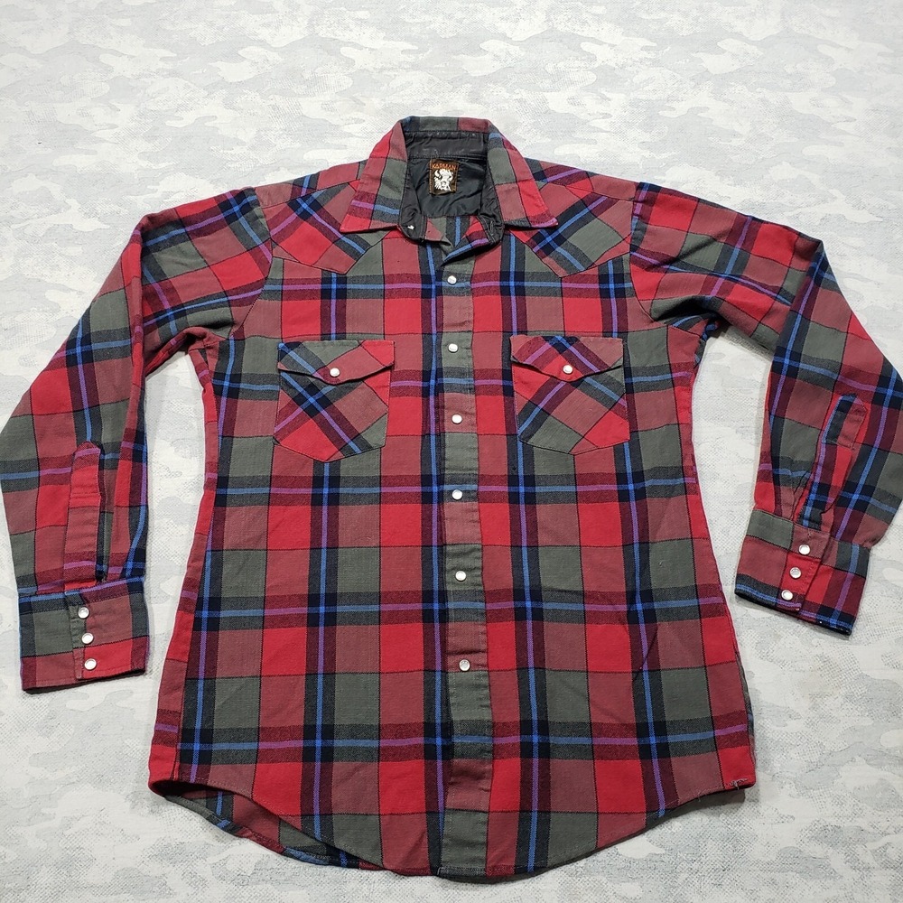 Karman Flannel Shirt Mens Large Red Plaid Long Sleeve Pearl Snap Western Wear